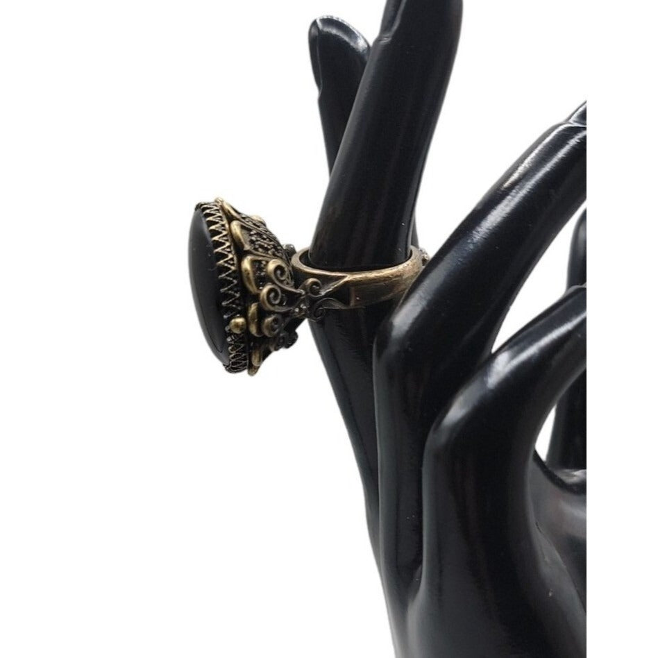 Lucky Brand Ring Faux Onyx Large Cocktail Black Agate Antiqued Gold Tone Size 6