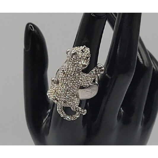 Vintage Crystal Pave Panther Stretch Ring Silver Tone Black Rhinestone Eyes