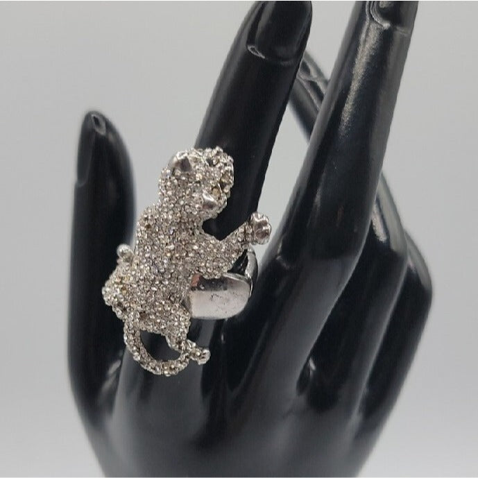 Vintage Crystal Pave Panther Stretch Ring Silver Tone Black Rhinestone Eyes