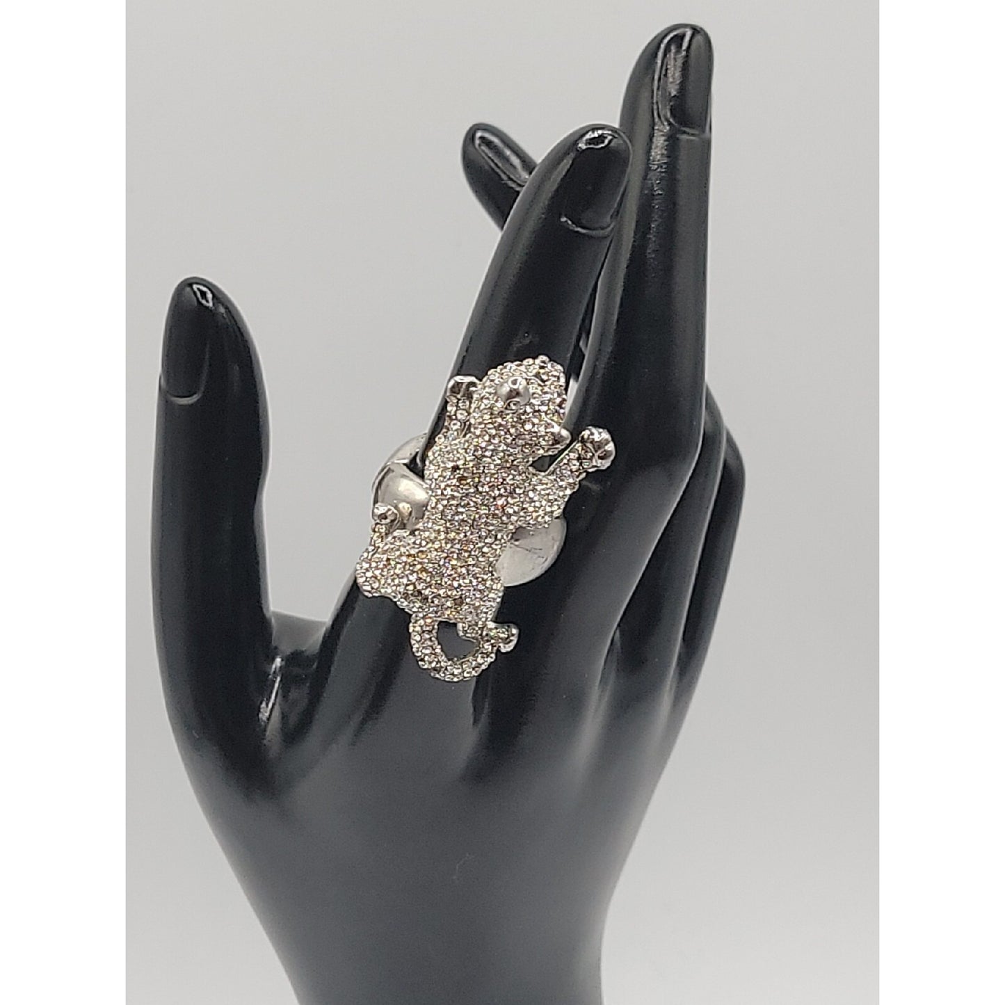 Vintage Crystal Pave Panther Stretch Ring Silver Tone Black Rhinestone Eyes