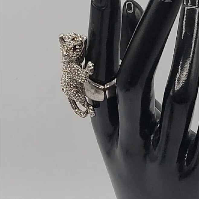 Vintage Crystal Pave Panther Stretch Ring Silver Tone Black Rhinestone Eyes