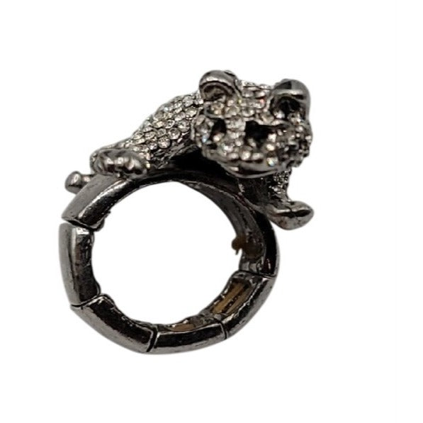 Vintage Crystal Pave Panther Stretch Ring Silver Tone Black Rhinestone Eyes