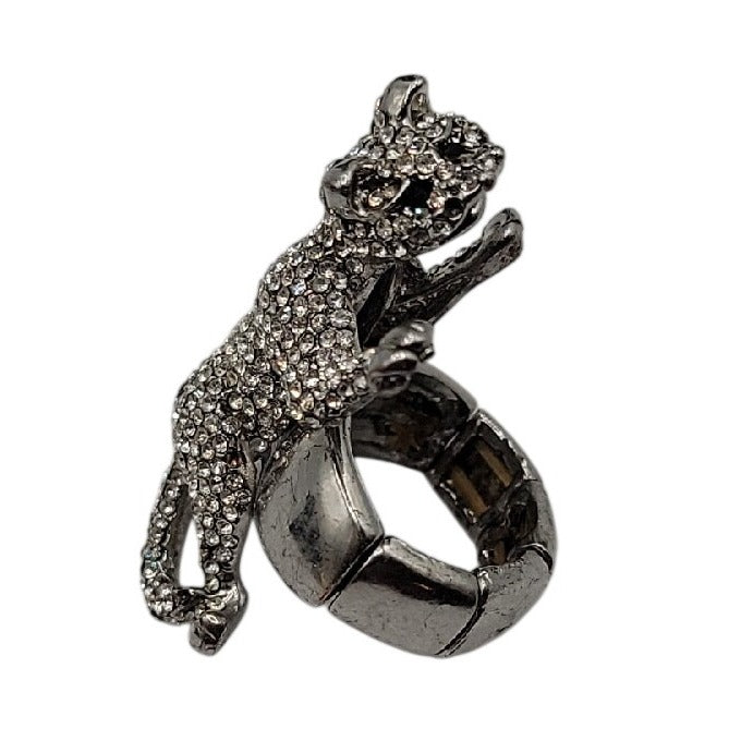 Vintage Crystal Pave Panther Stretch Ring Silver Tone Black Rhinestone Eyes