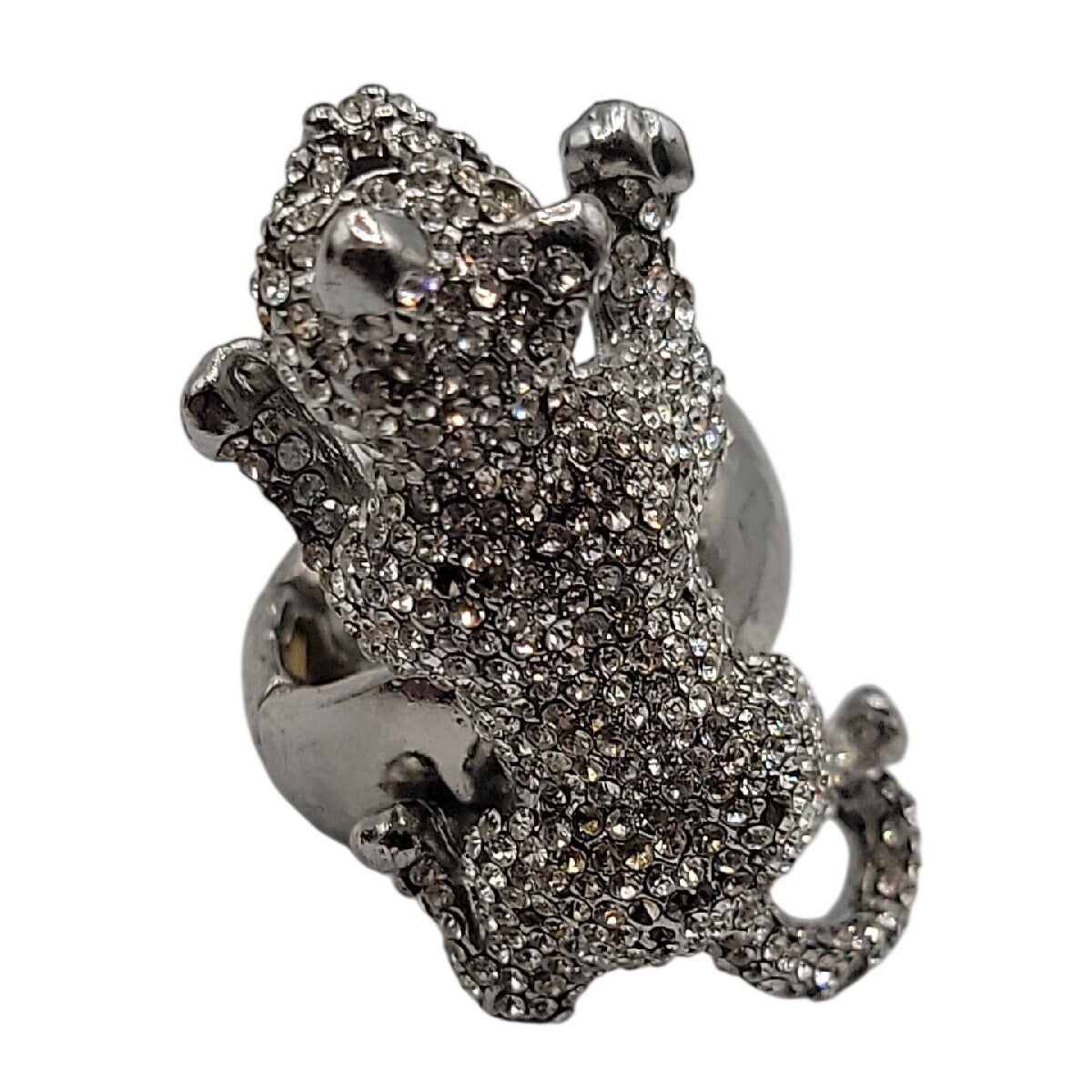 Vintage Crystal Pave Panther Stretch Ring Silver Tone Black Rhinestone Eyes