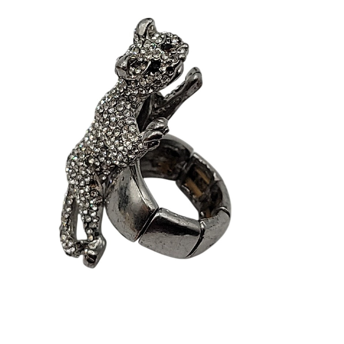 Vintage Crystal Pave Panther Stretch Ring Silver Tone Black Rhinestone Eyes