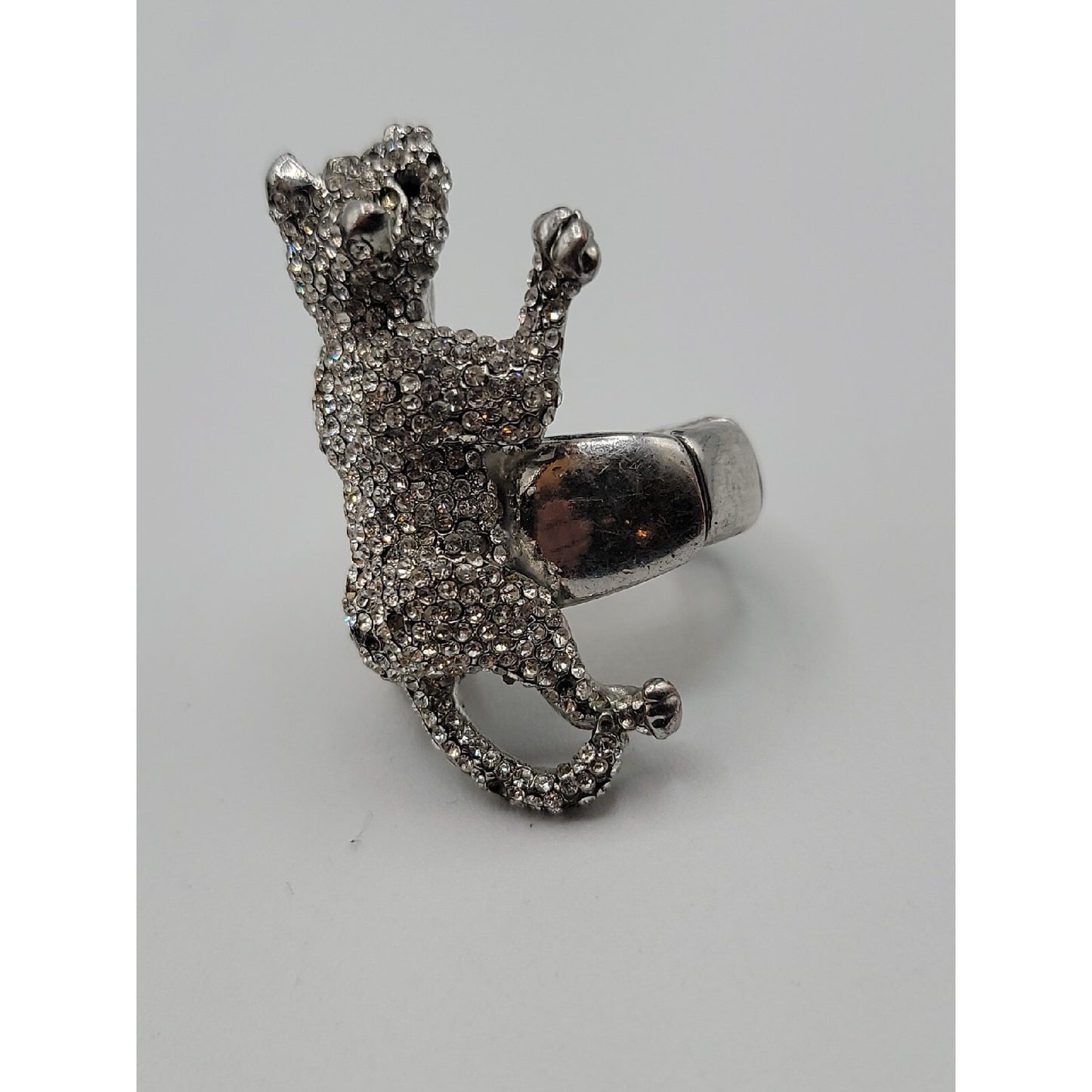 Vintage Crystal Pave Panther Stretch Ring Silver Tone Black Rhinestone Eyes