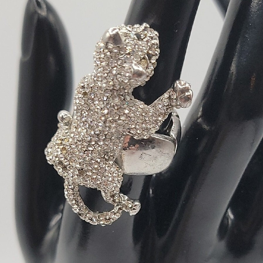 Vintage Crystal Pave Panther Stretch Ring Silver Tone Black Rhinestone Eyes