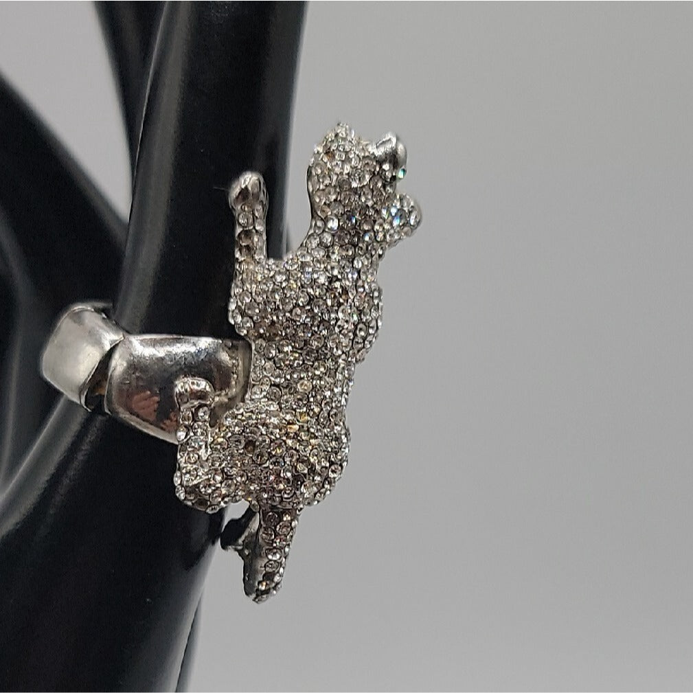 Vintage Crystal Pave Panther Stretch Ring Silver Tone Black Rhinestone Eyes