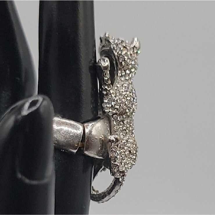 Vintage Crystal Pave Panther Stretch Ring Silver Tone Black Rhinestone Eyes