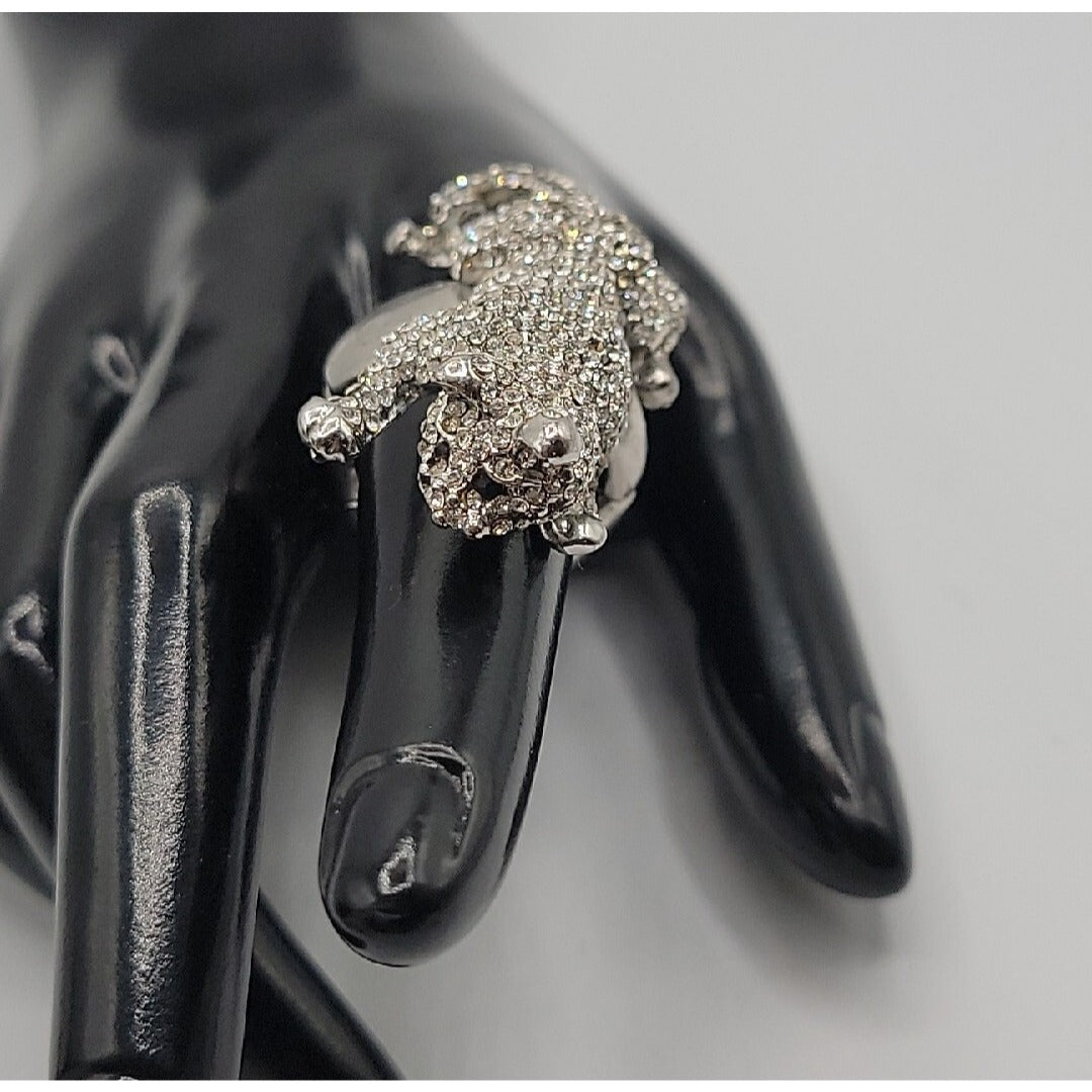 Vintage Crystal Pave Panther Stretch Ring Silver Tone Black Rhinestone Eyes