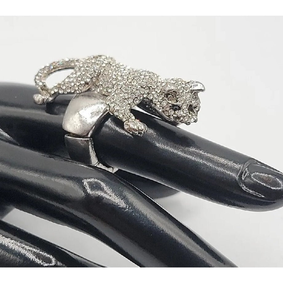 Vintage Crystal Pave Panther Stretch Ring Silver Tone Black Rhinestone Eyes