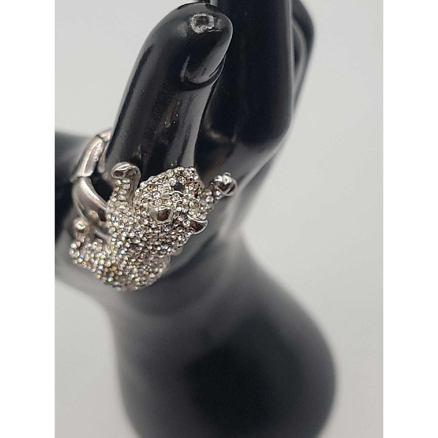 Vintage Crystal Pave Panther Stretch Ring Silver Tone Black Rhinestone Eyes